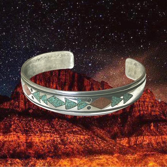 Early Stanley Bain Turquoise & Coral Chip Inlay Cuff in Sterling Silver. 6 5/8”